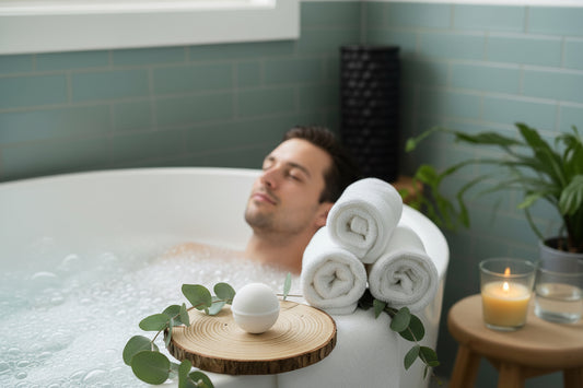 Relaxing bath scene with bath melts - soothing 3 oz., rolled towels, and calming decor for a serene experience.