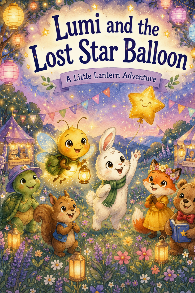 Book cover of 'Lumi and the Lost Star Balloon' with animated characters and lanterns.