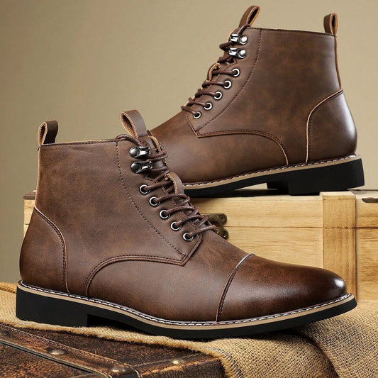 Men's business casual boots in brown leather, perfect for versatile styling from work to outings.