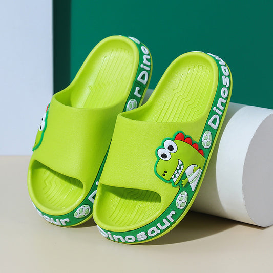 Bright green children's cartoon dinosaur slippers featuring a playful design, perfect for kids aged 7 to 12.