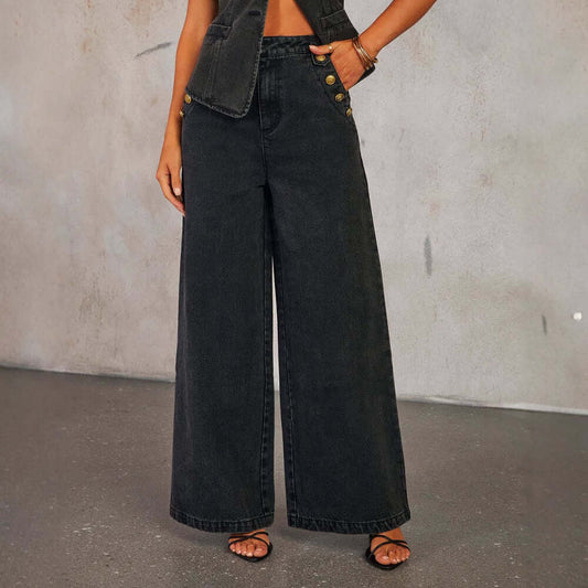 Black wide-legged trousers from the women's sleeveless denim vest set, featuring buttoned pockets and a stylish fit.