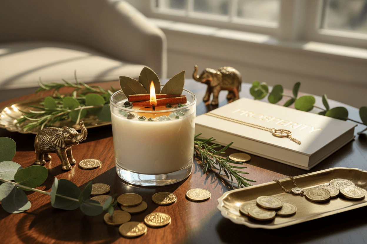 Daily Affirmation Candles (16 oz) surrounded by greenery, golden coins, and prosperity decor on a sunny table.