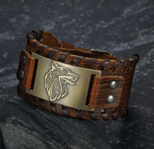 Leather Buckle Arm Cuff With Fenrir Design