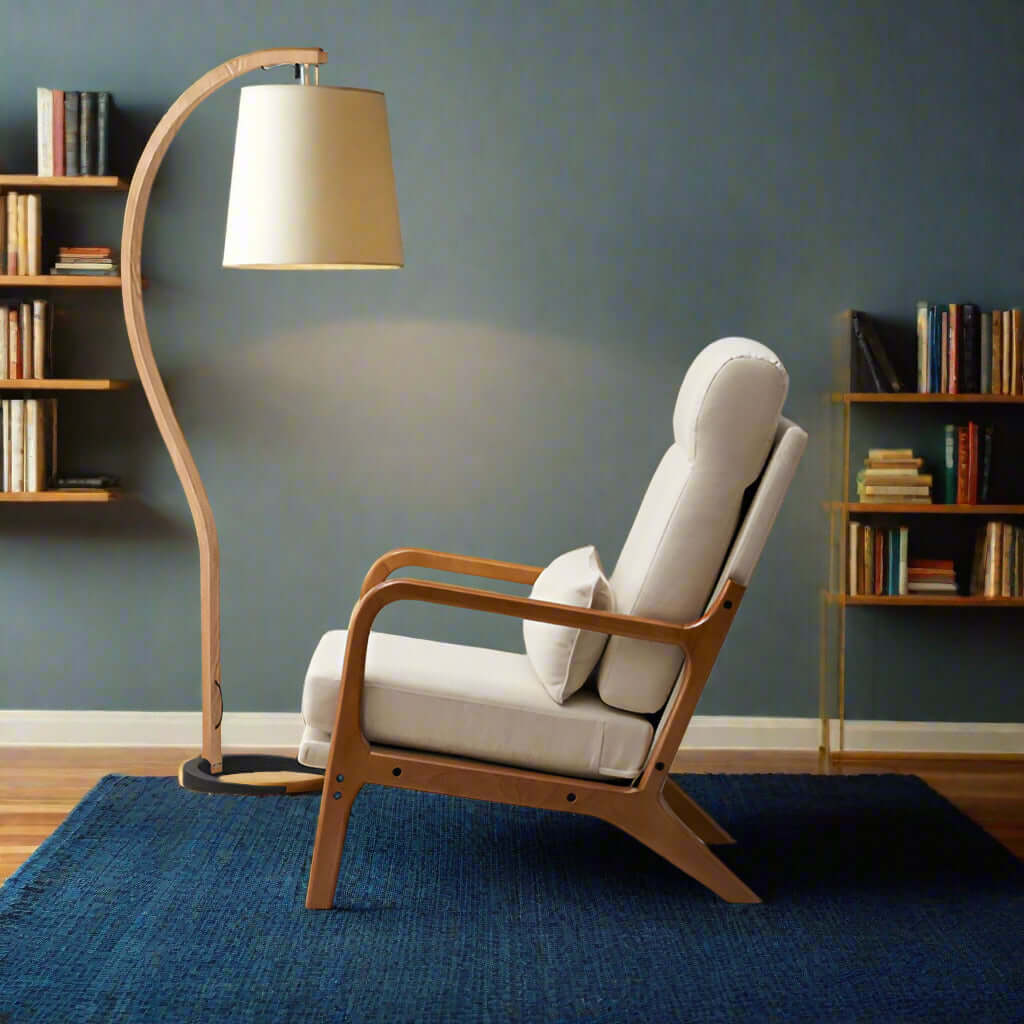 Stylish indoor-outdoor lounge chair with solid wood frame and ergonomic cushion, set in a cozy reading nook.