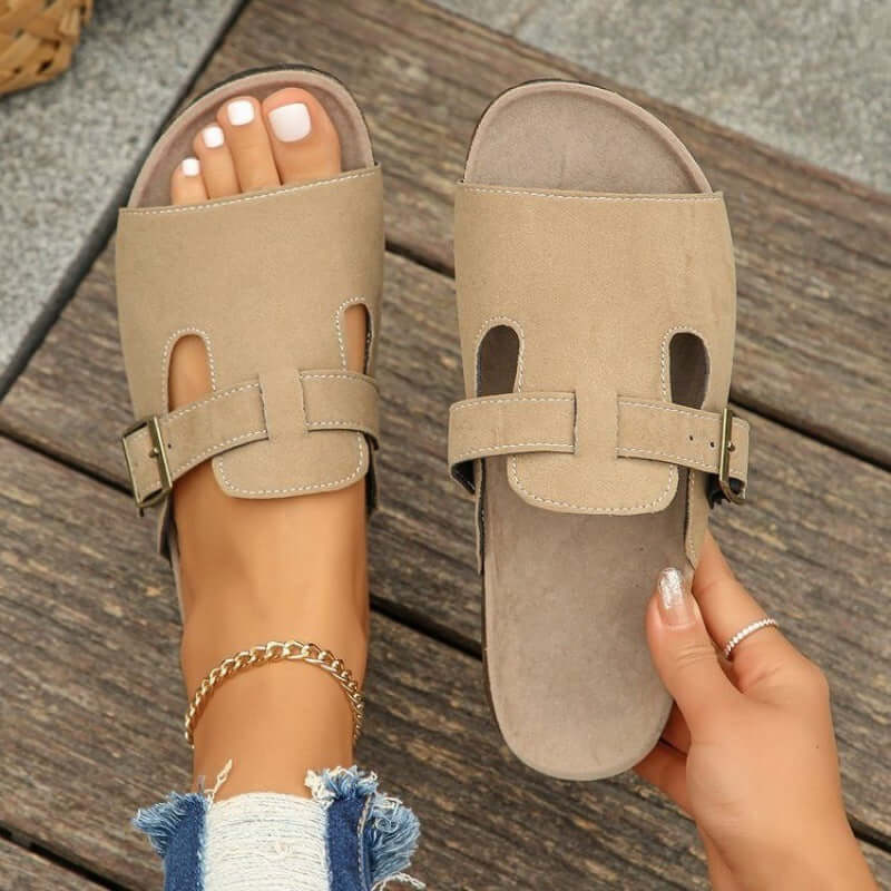 Women's suede belt buckle sandals in beige, perfect for casual outings with a stylish design and adjustable fit.
