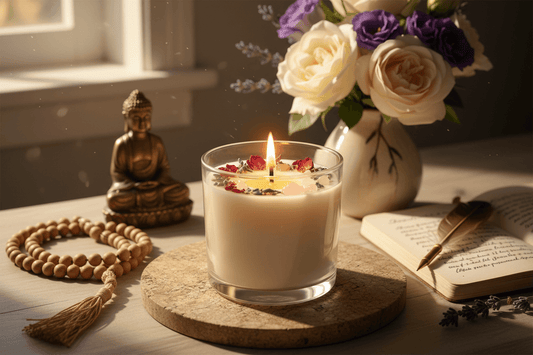 Daily Affirmation Candles (16 oz) with a candle, flowers, Buddha statue, and journal for mindfulness practice.