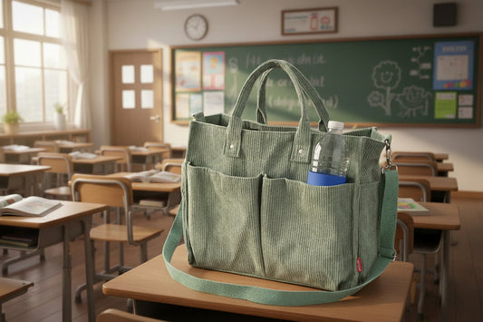 Green corduroy tote bag with multiple pockets on a wooden surface.