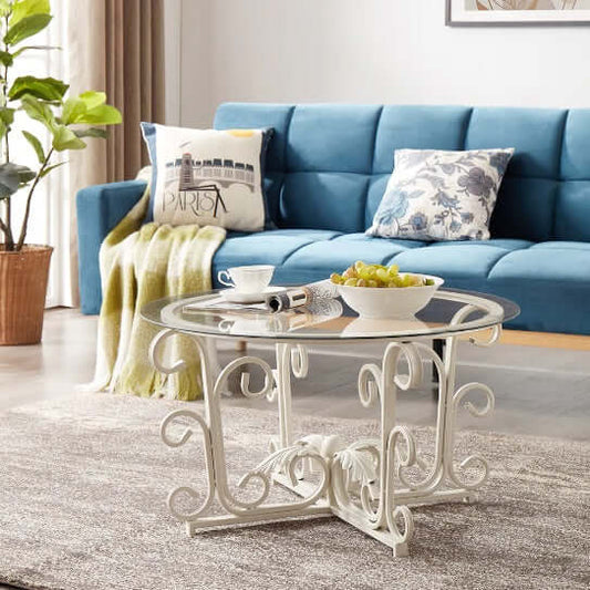Round Tempered Glass Coffee Table with Metal Leaf Shape Base, Perfect for Living Room, Home, Office and sunroom.