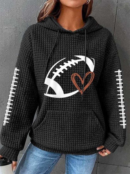 Women's Hooded Waffle Football-Game Day Fan Sweater with football graphic and heart design.