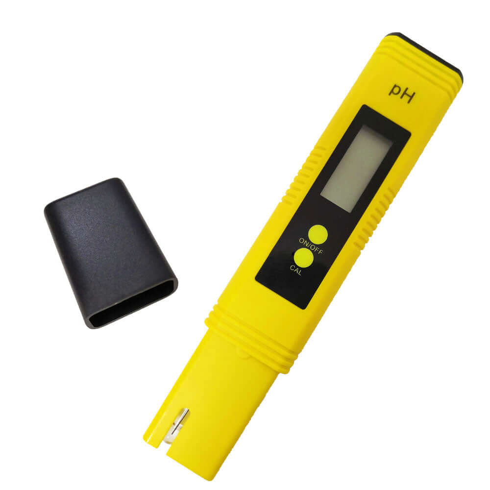 LCD pocket pH meter in yellow with protective cap, ideal for testing water quality in aquariums and hydroponic systems.