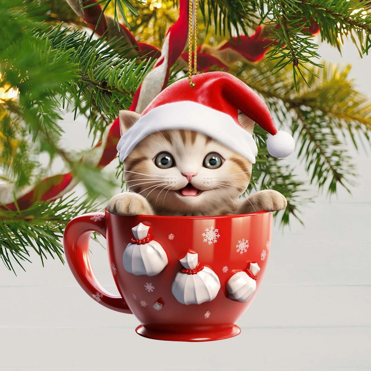 Stylish feline friends donning Santa hats, nestled in charming Christmas tea cups of rich blue or vibrant red. Featuring designs of Saint Nick's signature hat, delicate snowflakes, snowy landscapes, and beautiful poinsettias. Perfect for adorning your tre