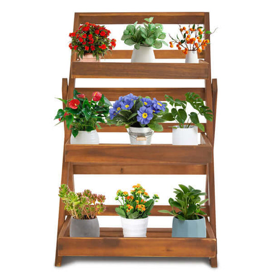 Acacia Wood Flower Stand displaying various potted plants, showcasing a stylish and functional plant display solution.