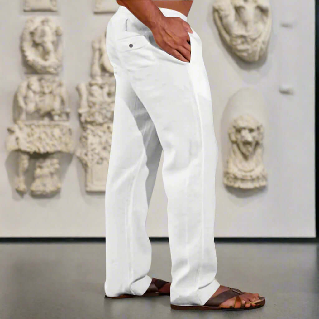 Stylish men's drawstring elastic waist trousers in white, featuring a comfortable fit and straight-leg design.