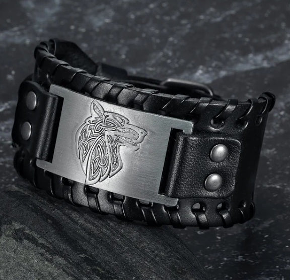 Leather Buckle Arm Cuff With Fenrir Design