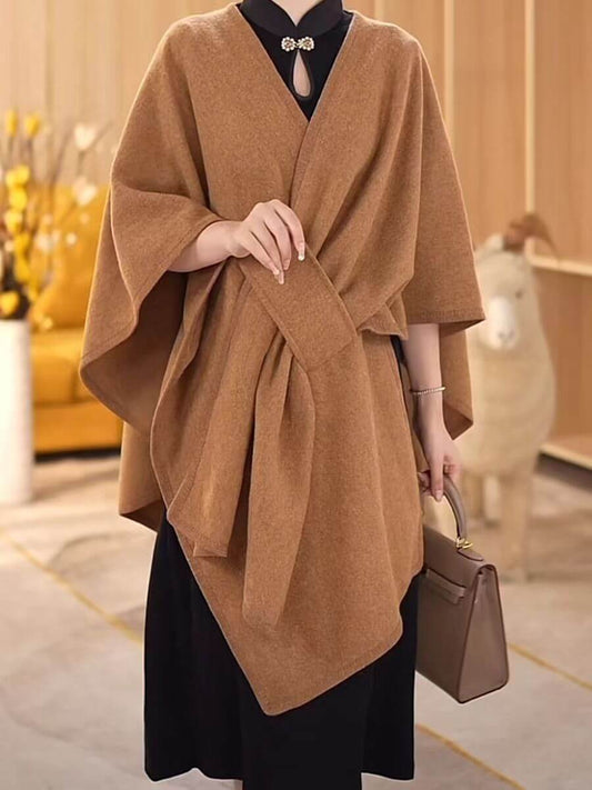 Women's Cotton Twill Cardigan Cape And Shawl styled in a warm, elegant brown for casual or formal wear.