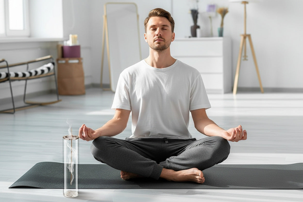 Man meditating on a yoga mat with a diffuser in the foreground