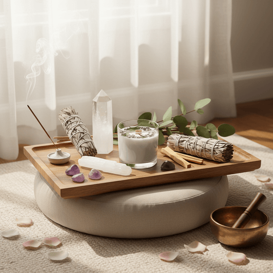 Intentional Ritual Candles (10 oz) on a wooden tray with crystals and sage, enhancing spiritual energy.