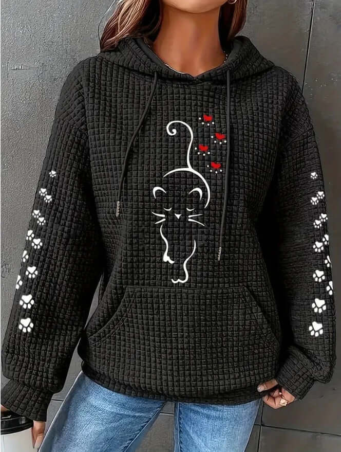 Women's Hooded Waffle Football-Game Day Fan Sweater featuring a cute cat design and heart accents.