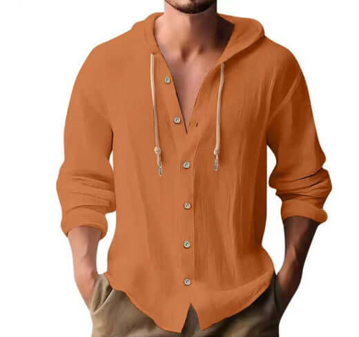Men's cotton and linen hooded shirt in orange, perfect for casual outings and comfortable wear.