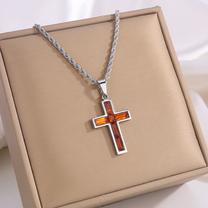 Unique design, stylish and beautiful. Good material, High quality. A variety of colors, any choice, titanium steel cross, colored stones, non fading, perfect for gifting or self gift Indulge in the epitome of luxury with our Diamond Effect Cross Necklace.