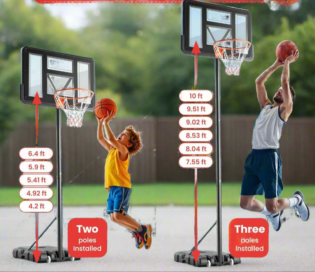 Child and adult using adjustable height basketball hoops at different levels for outdoor play.