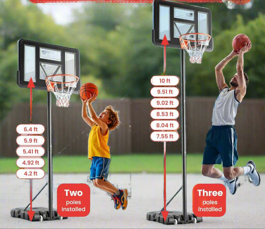 Child and adult using adjustable height basketball hoops at different levels for outdoor play.