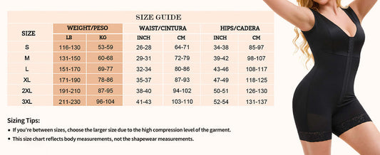 Size guide for Women Tummy Control Full Body Shaper, featuring measurements for various sizes.