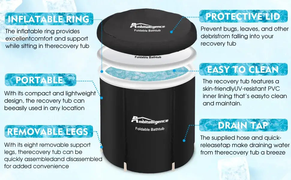 Fitness Rehab Ice Tub with inflatable ring, removable legs, easy-clean PVC design, and a protective lid for recovery.