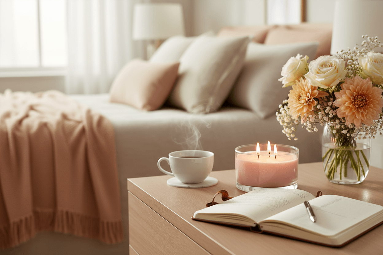 Premium Candles (24 oz) on bedside table, alongside a cup of coffee and a notebook in a cozy bedroom setting.