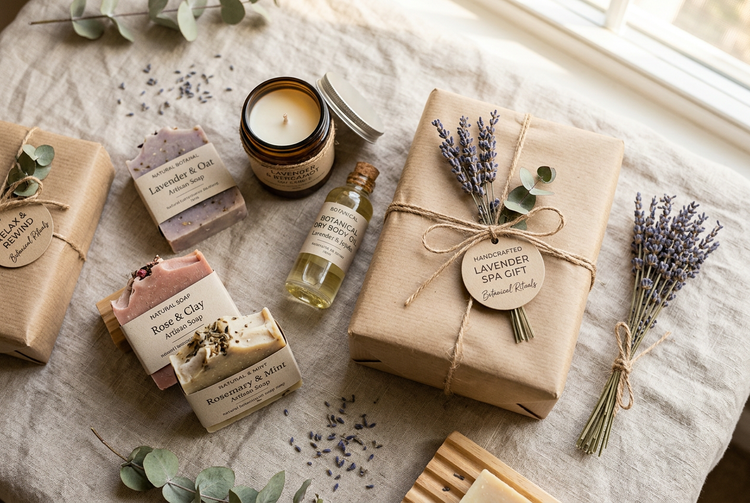 LWL Handmade Gift Sets: lavender bundle, botanical soaps, soy candle, and dry body oil wrapped in kraft paper with dried lavender sprigs