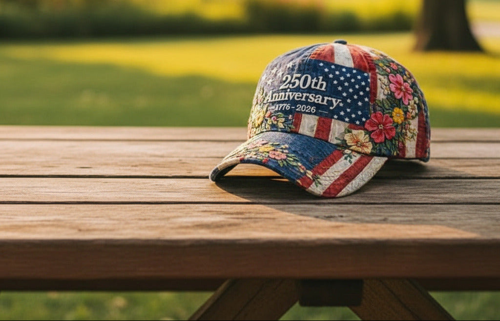 Cap with floral and American flag design celebrating 250th anniversary on a wooden surface.