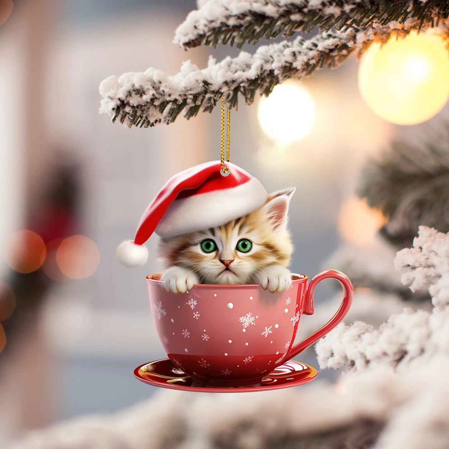 Stylish feline friends donning Santa hats, nestled in charming Christmas tea cups of rich blue or vibrant red. Featuring designs of Saint Nick's signature hat, delicate snowflakes, snowy landscapes, and beautiful poinsettias. Perfect for adorning your tre