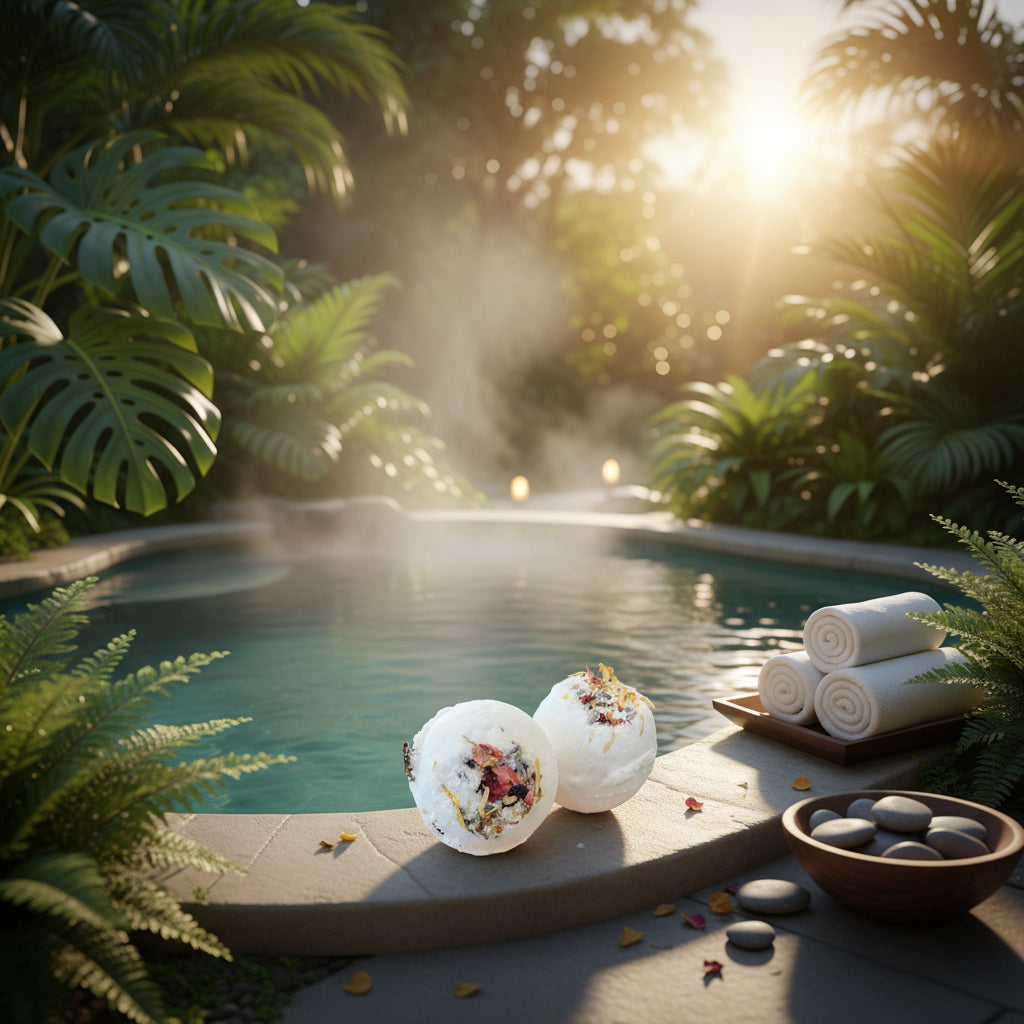 Bath Bomb Fizzies - 5-6 oz. handmade bath bombs by the pool with lush greenery and spa essentials.