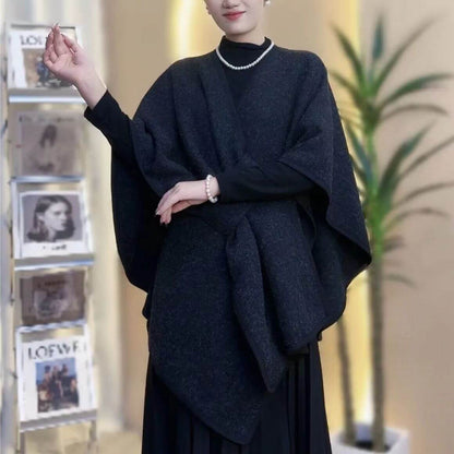 Women's Cotton Twill Cardigan Cape And Shawl worn by a model in a stylish setting.