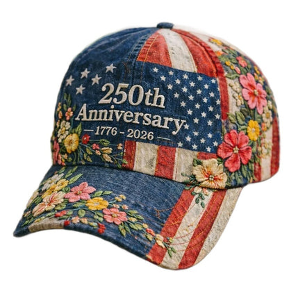 Cap with floral patterns and '250th Anniversary 1776-2026' text on a white background