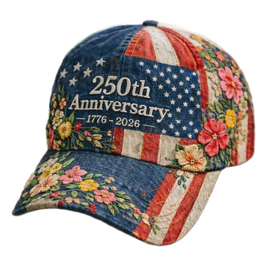 Cap with floral patterns and '250th Anniversary 1776-2026' text on a white background