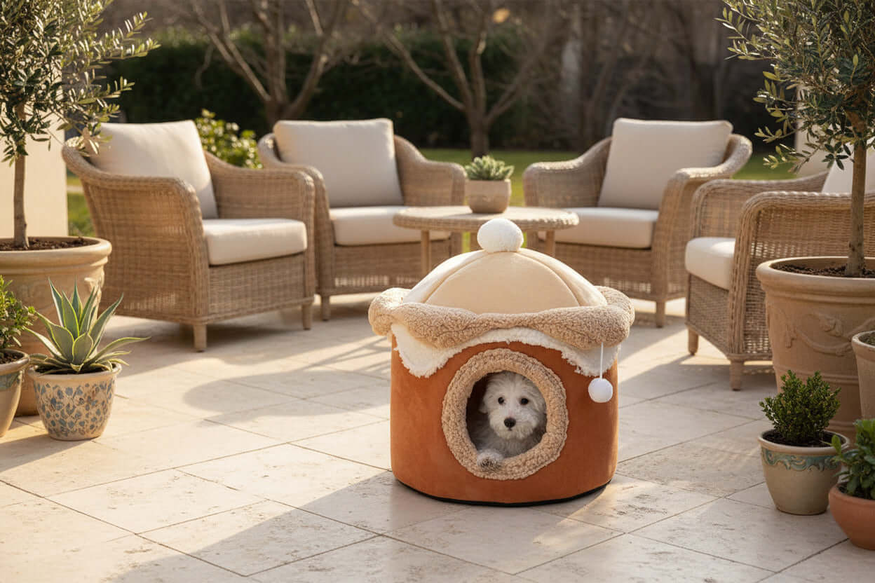 Ice Cream House Pet Bed with a cozy dog inside, featured in a stylish outdoor patio setting.