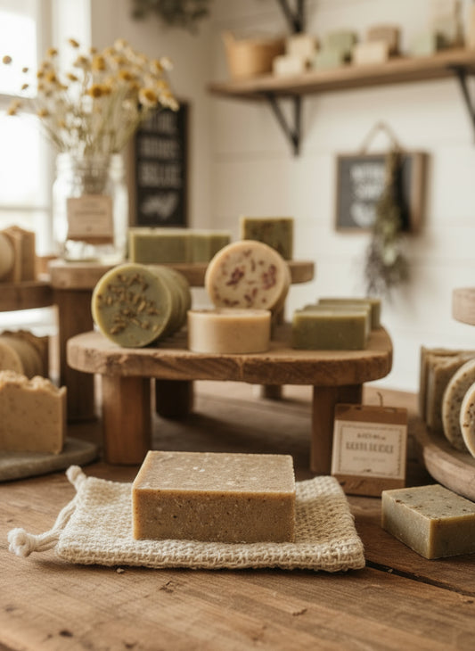 Bar of soap on a mesh bag next to a laptop