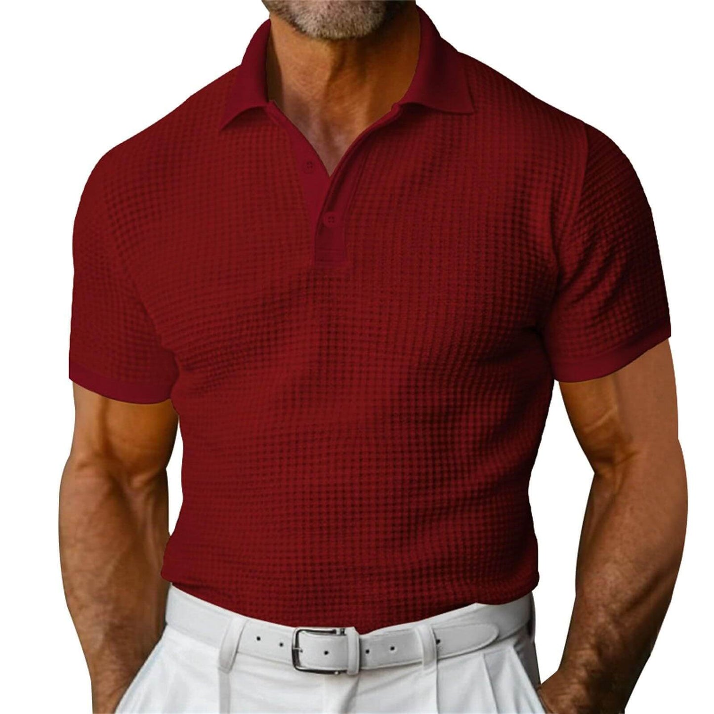 Men's Waffle Short Sleeve Polo Shirt in rich burgundy color, perfect for summer style and comfort.