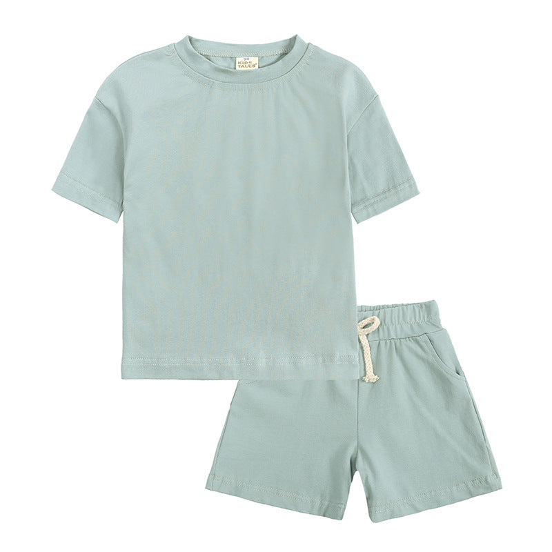 Kid's 2 pc Shorts and T-shirt Sets in soft mint green cotton, perfect for summer playwear.