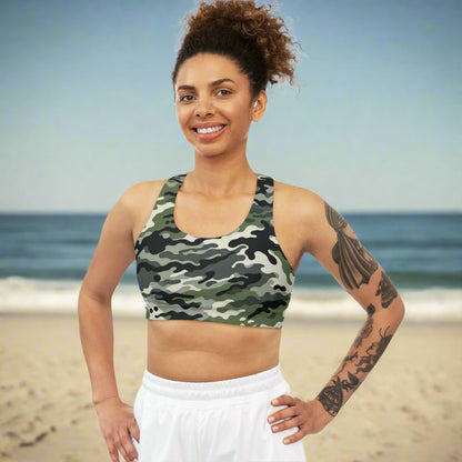 A camouflage sports bra designed for comfort and style. Perfect for the gym, training, or everyday wear, this medium support sports bra is made from a moisture-wicking, stretchy fabric that moves with you. Soft to the touch and seamless for added comfort.