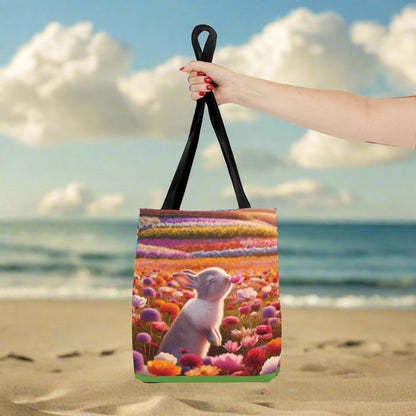 This Tote Bag features a cute design of a bunny smelling a flower in a field of flowers, giving off a whimsical and nature-loving vibe. Perfect for nature enthusiasts and animal lovers, this Tote Bag is great for everyday use for shopping, farmer's market