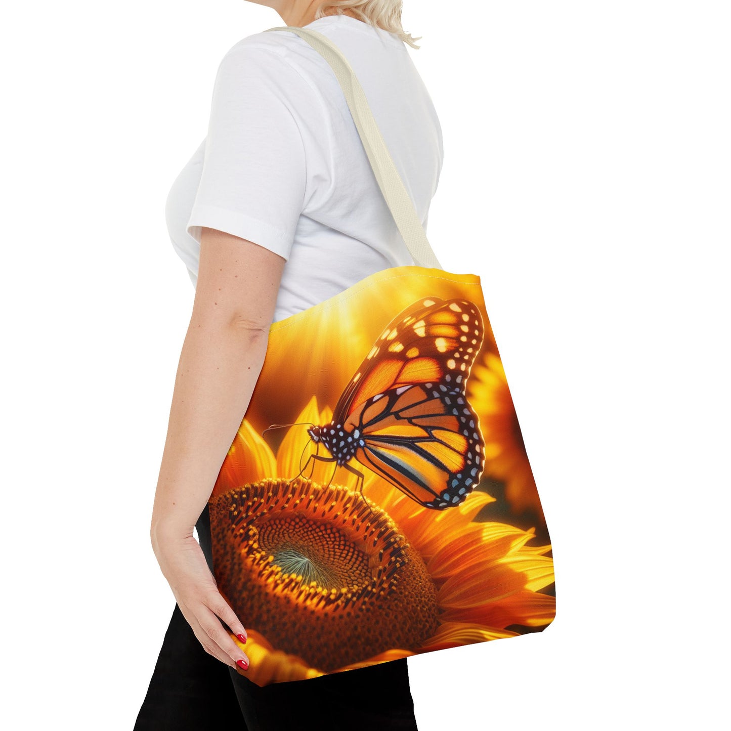 This Monarch Butterfly on Sunflower Tote Bag brings a touch of nature and beauty to your everyday outings. Perfect for nature lovers, garden enthusiasts, and those who appreciate vibrant colors. Ideal for picnics, farmer's market trips, and beach days.Pro