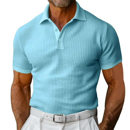 Men's Waffle Short Sleeve Polo Shirt in light blue, featuring a jacquard waffle knit for style and comfort.