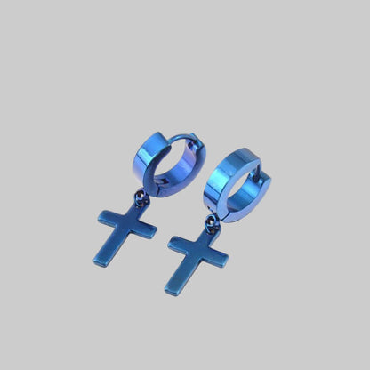 Titanium Steel Cross Earrings featuring a stylish blue finish and sleek cross design for modern fashion.