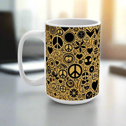 Peace Love & Happiness Retro 70's Vibe Mug 15 oz