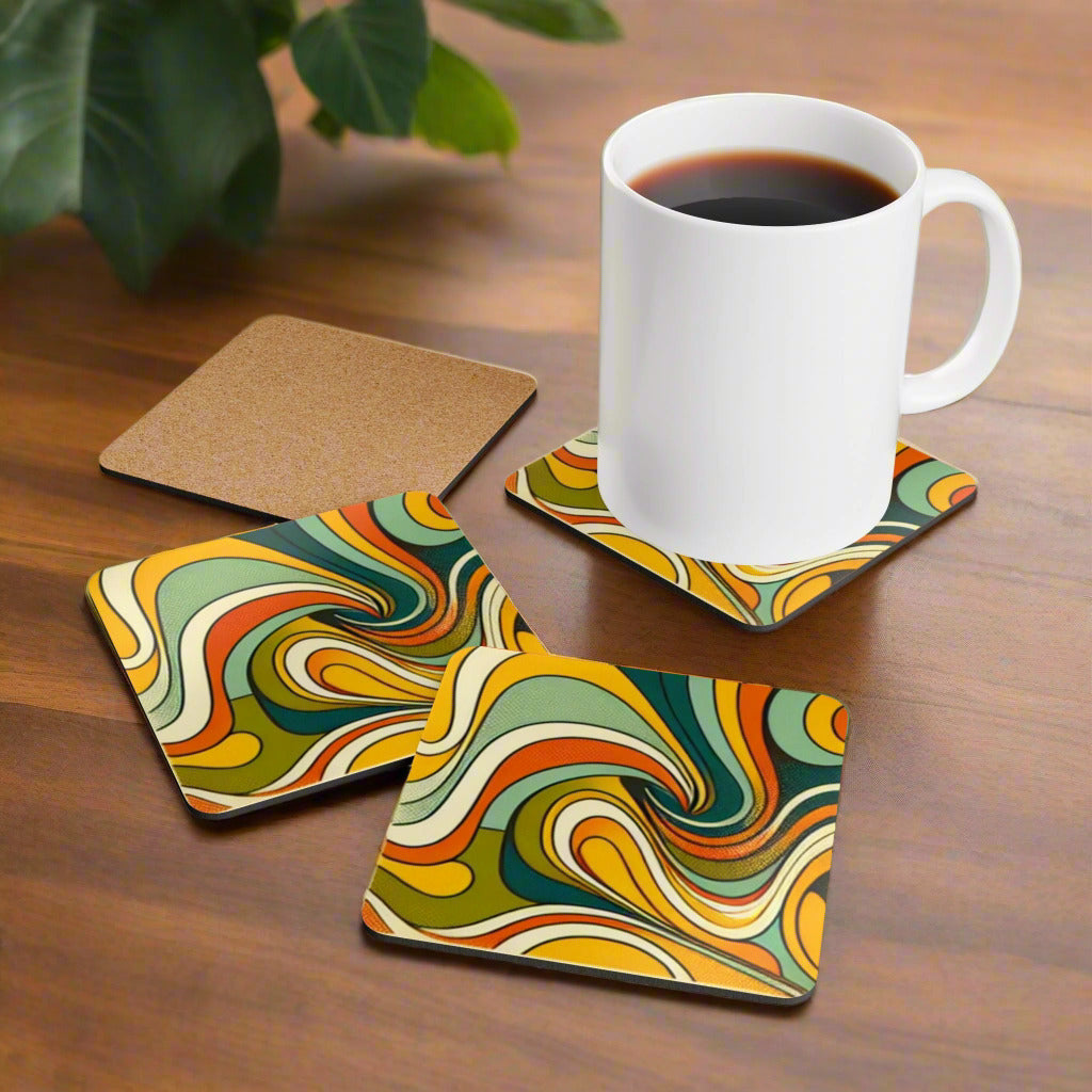 This 1970's Retro Vibe Coaster Set features orange, mustard yellow, green, white, and blue swirl design, adding a pop of color and style to your living space. Perfect for retro enthusiasts and those who love vintage decor, this coaster set is ideal for ad