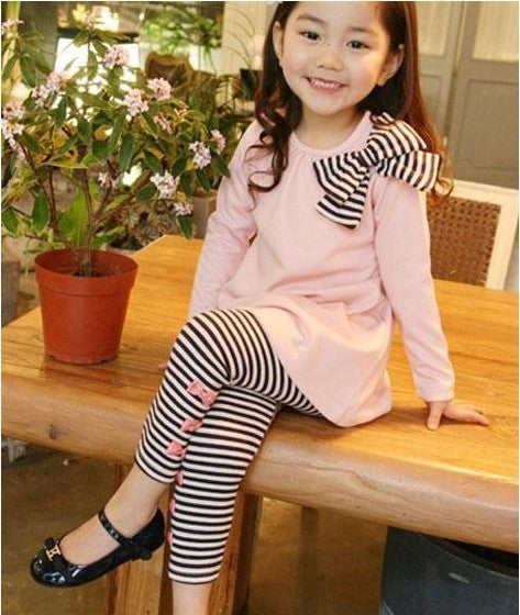 Little girls will look adorable in this pink long sleeve top with adorable contrasting black & white striped bow & leggings, perfect for parties, movies, lunches, dinner with parents, This 2 pc set is the perfect addition to your little girls' wardrobes.