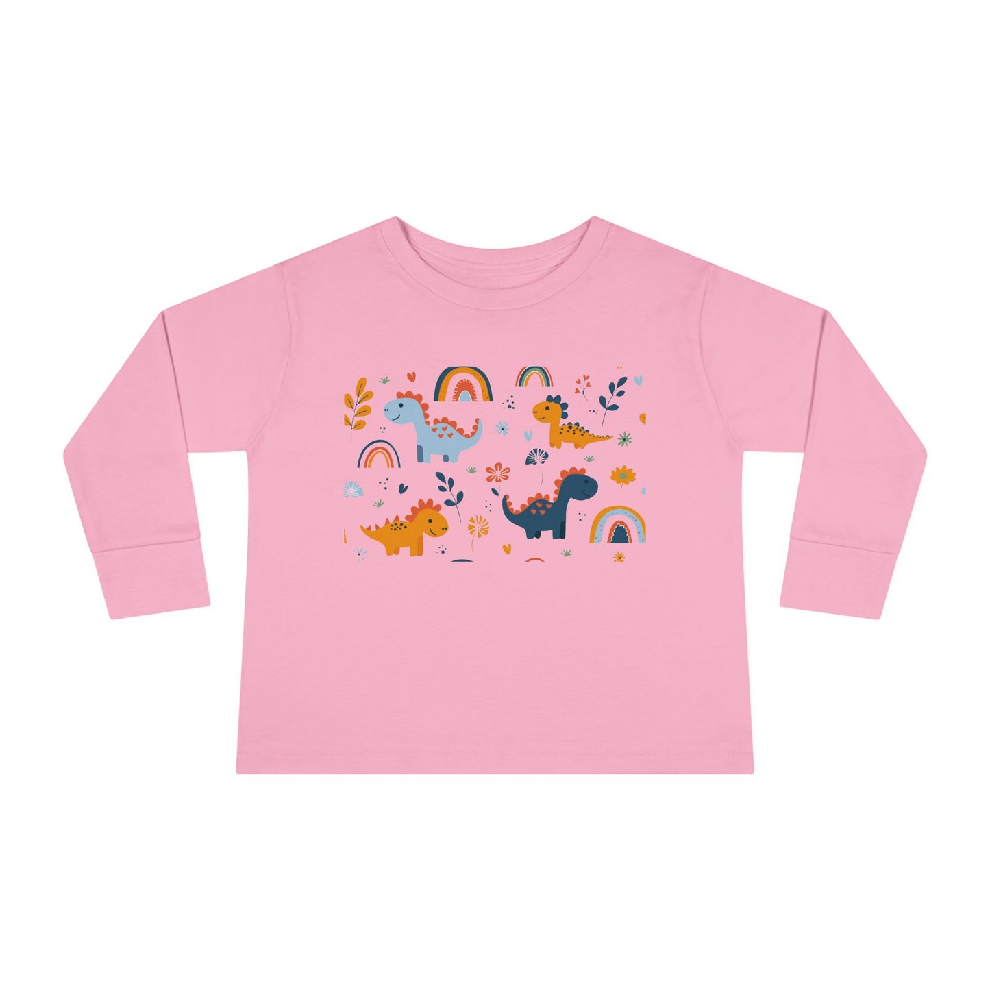 This adorable Dinosaurs, Flowers & Rainbows Toddler Tee is perfect for little ones who love vibrant and fun designs. Made with 100% combed, ring-spun cotton, this light fabric tee is comfortable and durable for all-day wear. With a toddler unisex fit, rib