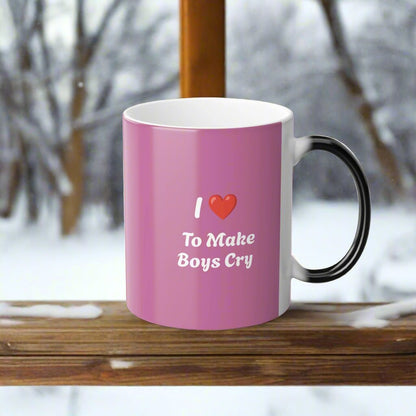 Fun and quirky color morphing mug with the saying "I Love to make boys cry", perfect for those with a sense of humor. This mug is heat-sensitive and reveals the design when filled with a hot drink, adding a magical touch to your morning routine. Ideal for